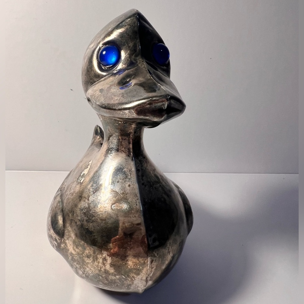 Vtg Metal Coin Bank Duck Hong Kong No Key Silver Plated Cobalt Blue Glass Eyes